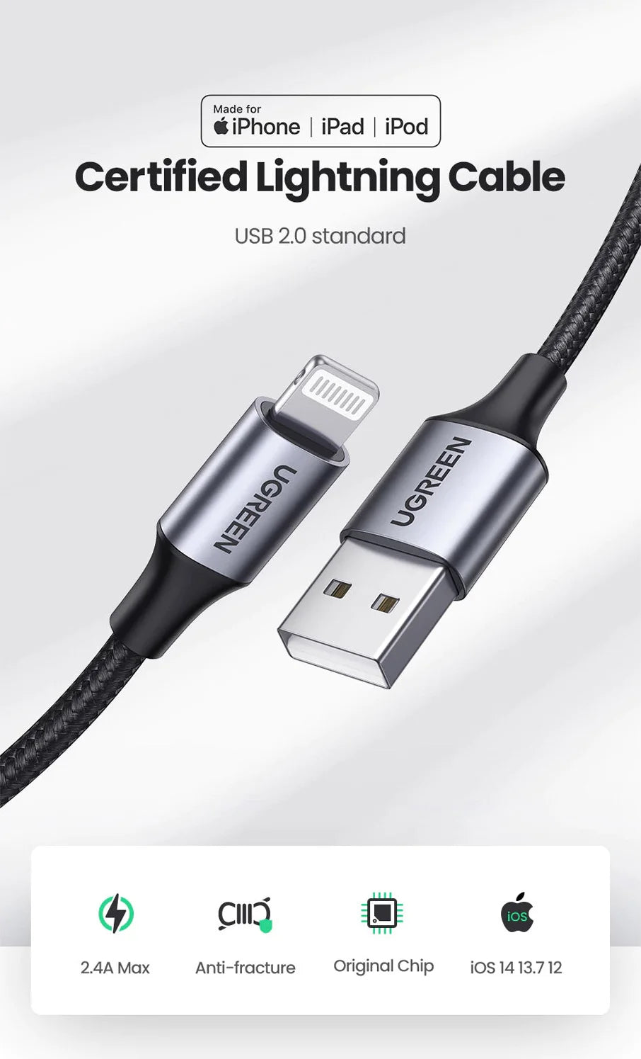 UGREEN Lightning to USB Cable Alu Case with Braided 1m (Black) 60156