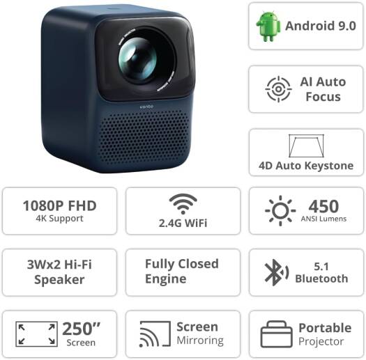 WANBO T2 Max (New) Full HD Portable Projector T2Max-BL