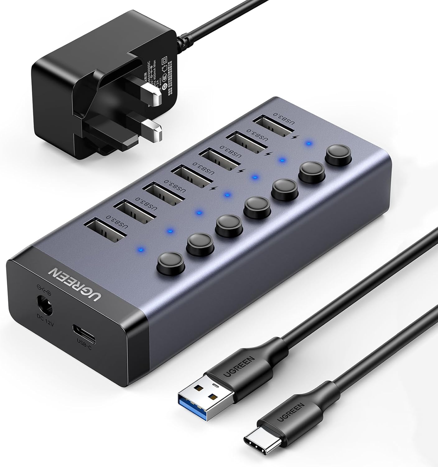 UGREEN USB 3.0 7-Port Hub-12V2A (DC: 5.5) Power Supply (UK) 90306