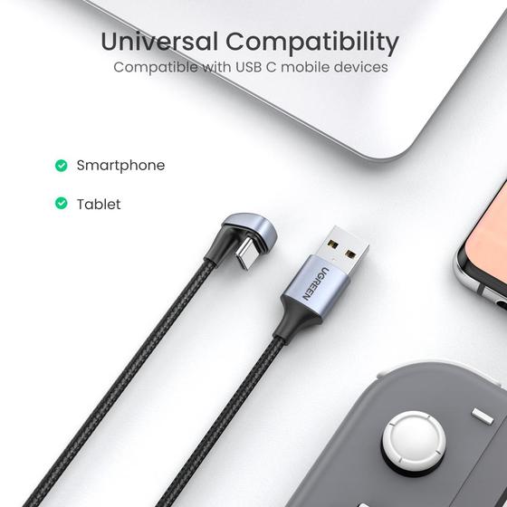 UGREEN USB2.0-A to Angled USB-C Cable Aluminum Case with Braided 2m (Black) 70315
