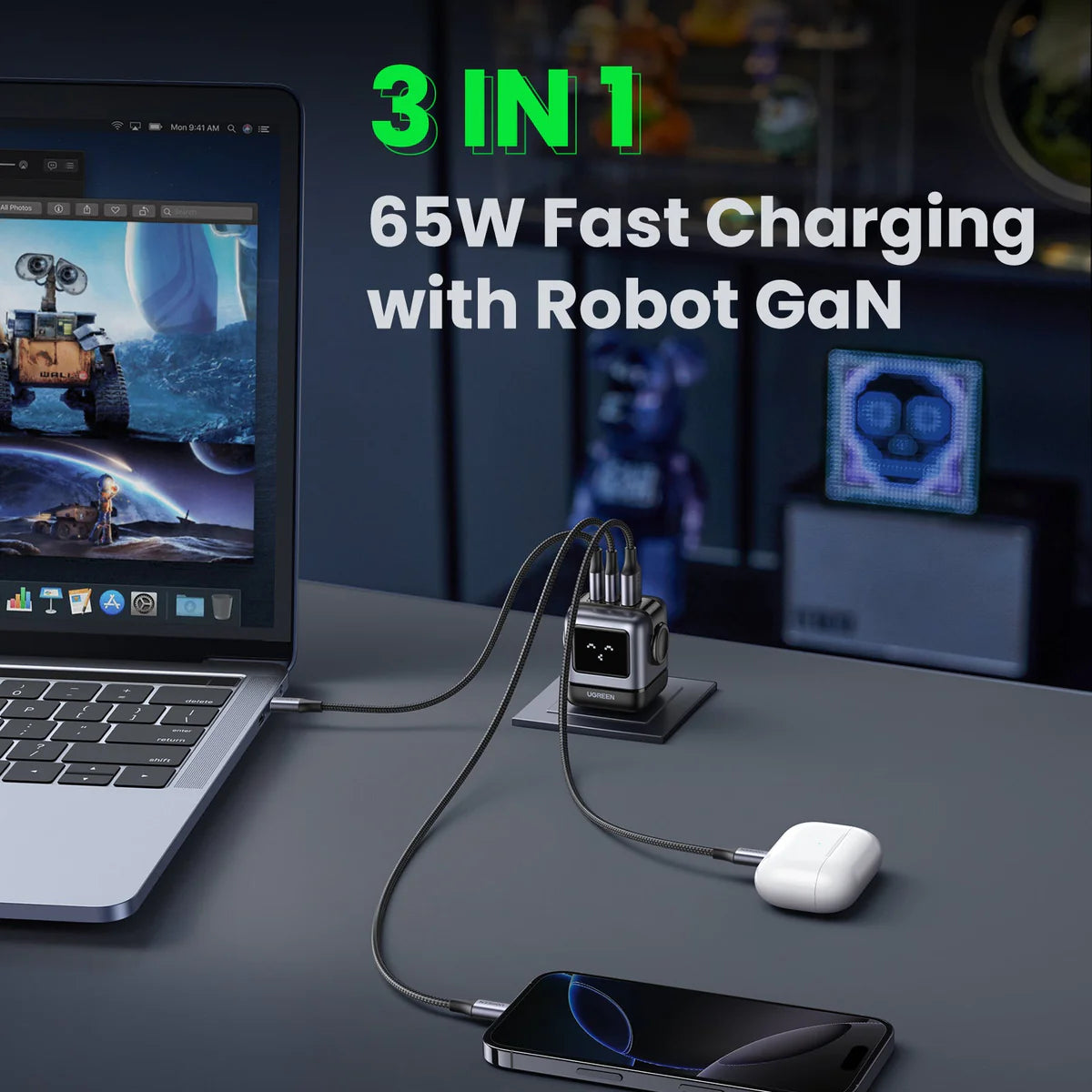 UGREEN USB-A+2*USB-C 65W Robot GaN Tech Fast Charger 25686
